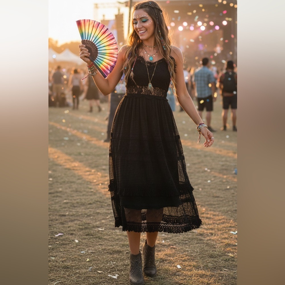 Place Nationale | Revolve La Marne Sundress in Black Grid Lace